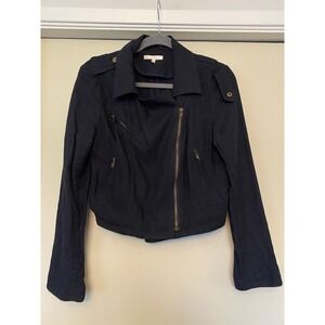 UNDER SKIES Navy Linen Cotton Jacket Blazer Moto Design Asymmetric Zipper  Sz S